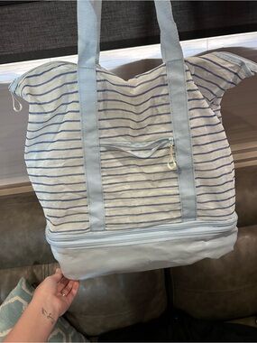 Target Light Blue and White Striped Tote with Bottom Compartment